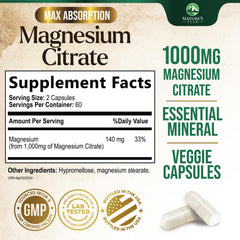 Back label with supplement facts for Magnesium Citrate 1000mg