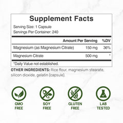 240-capsule bottle packaging – Magnesium Citrate 500mg