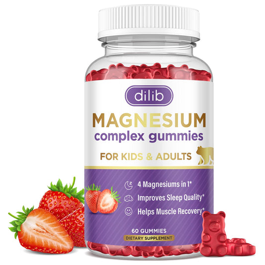 Front view of Magnesium Complex Gummies for kids and adults with strawberry flavor, 60 gummies