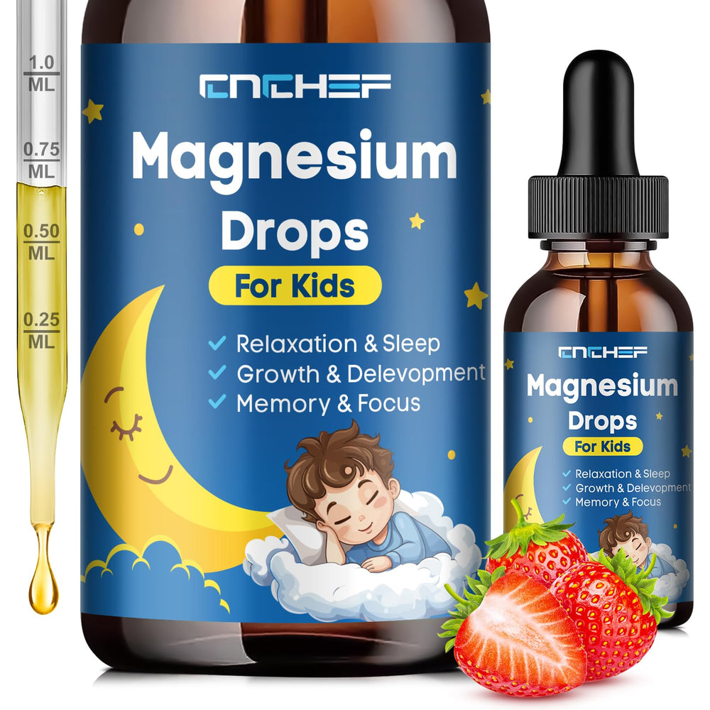 Front view of Magnesium Drops for Kids bottle with strawberry flavor