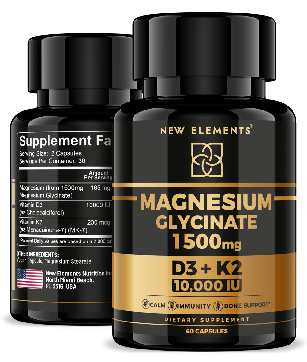 Bottle of Magnesium Glycinate 1500mg with Vitamin D3 K2 (10,000 IU) front view