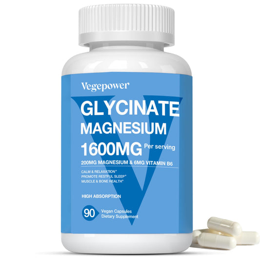 Magnesium Glycinate 1600mg bottle with Vegepower label
