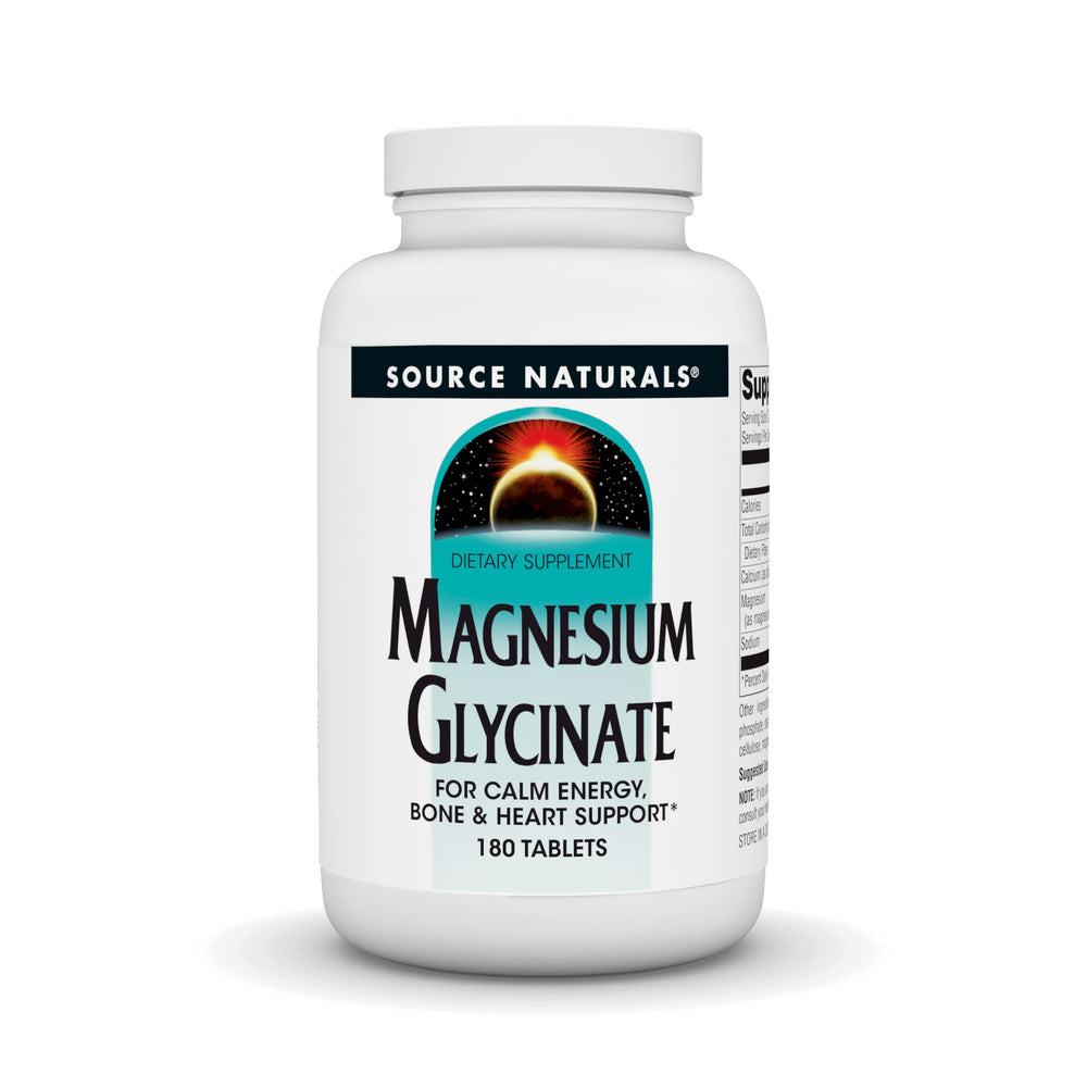 Front view of Source Naturals Magnesium Glycinate bottle with label