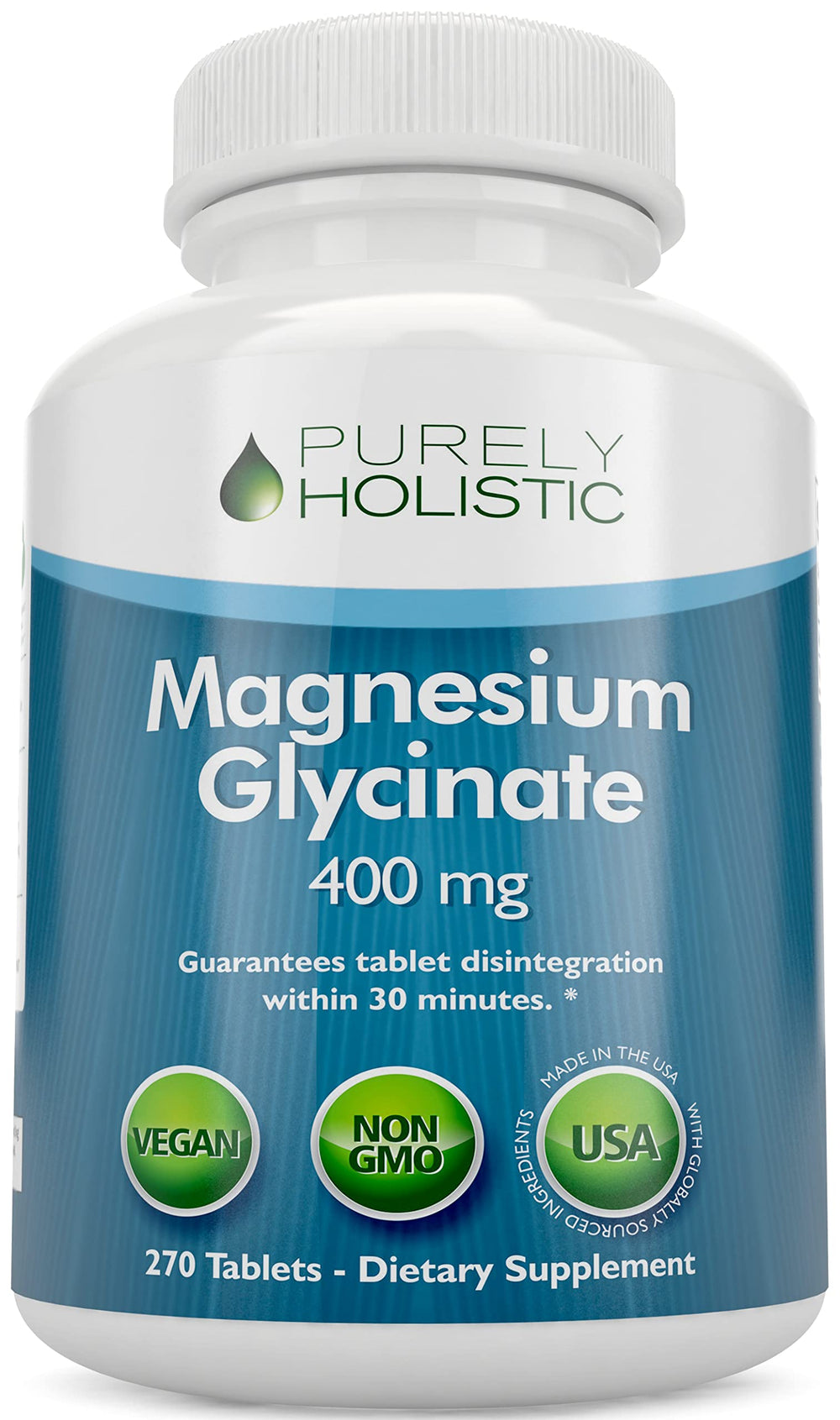 Front view of Magnesium Glycinate 400mg 270-tablet bottle