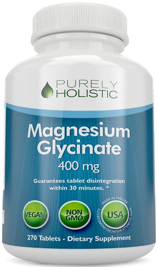 Front view of Magnesium Glycinate 400mg 270-tablet bottle