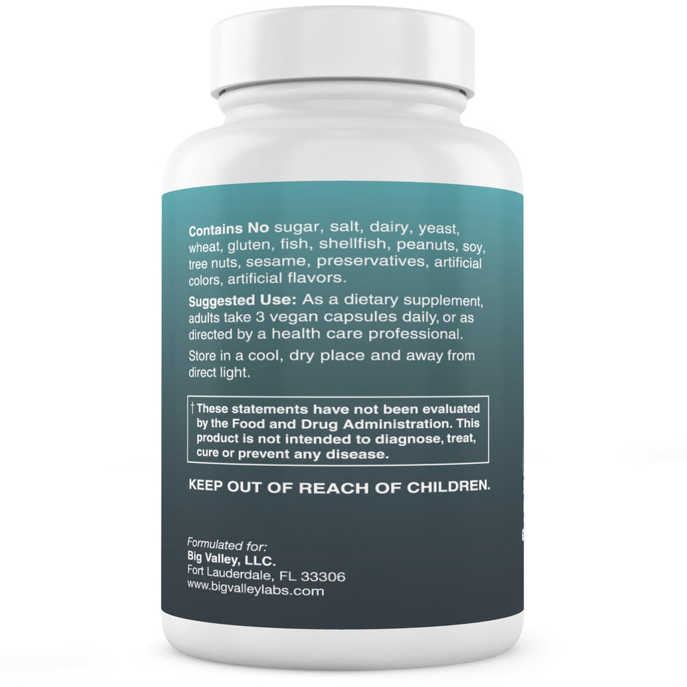Close-up of label showing 90 capsules and vegan/non-GMO/gluten-free