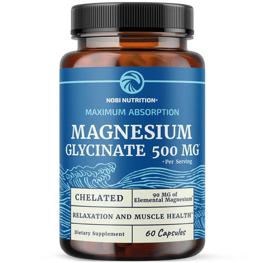 Front view of Magnesium Glycinate 500mg bottle 60 count