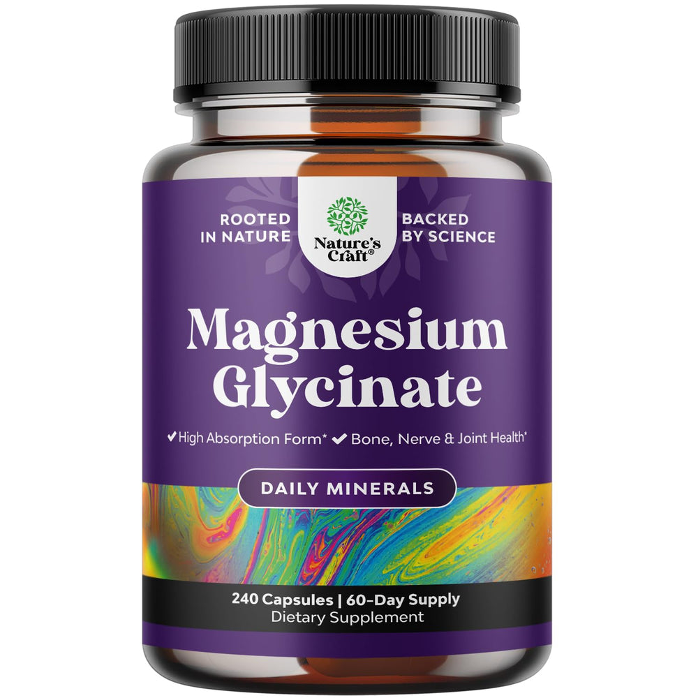 Bottle of high absorption magnesium glycinate 500mg capsules