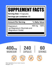 Close-up of Magnesium Glycinate capsules with 400 mg serving