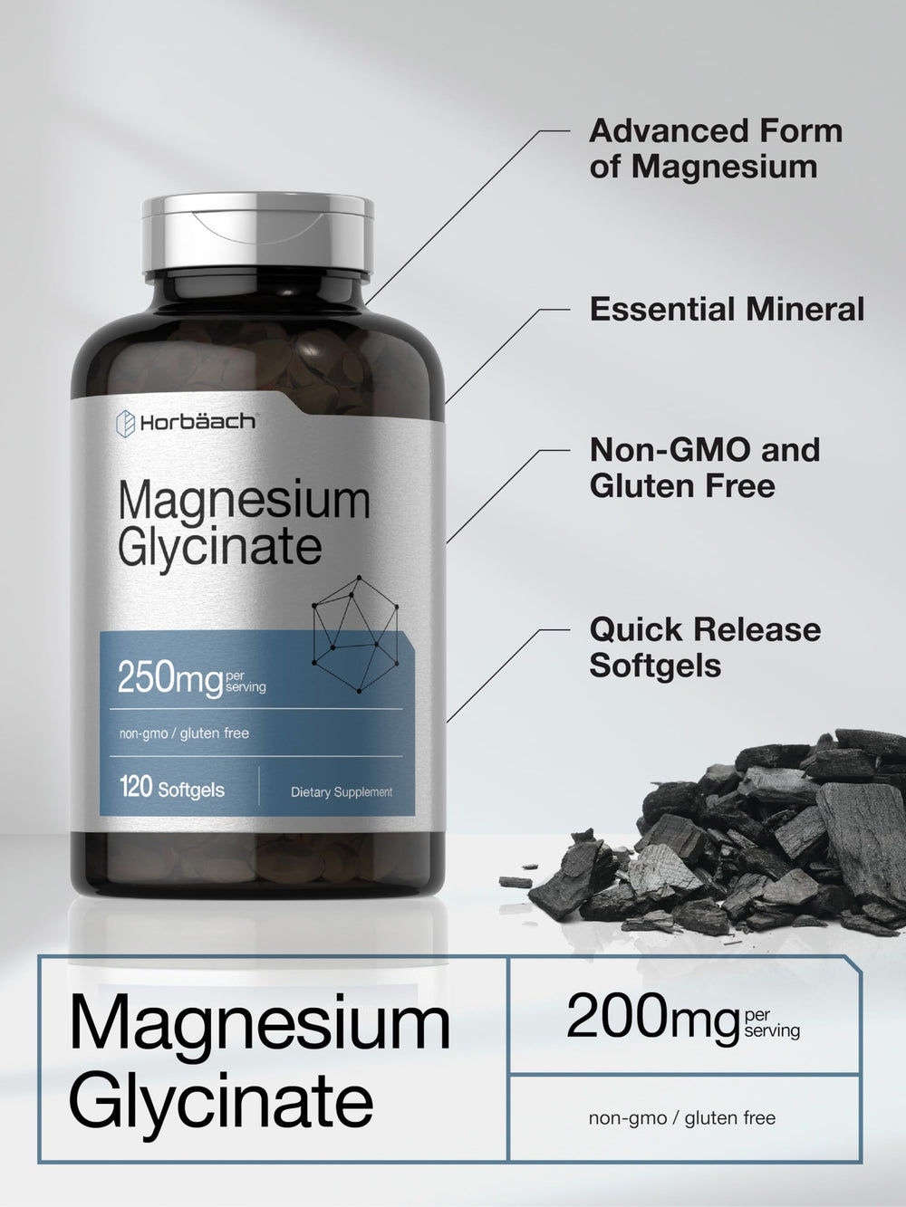 Chelated Magnesium Glycinate label indicating 250 mg per serving