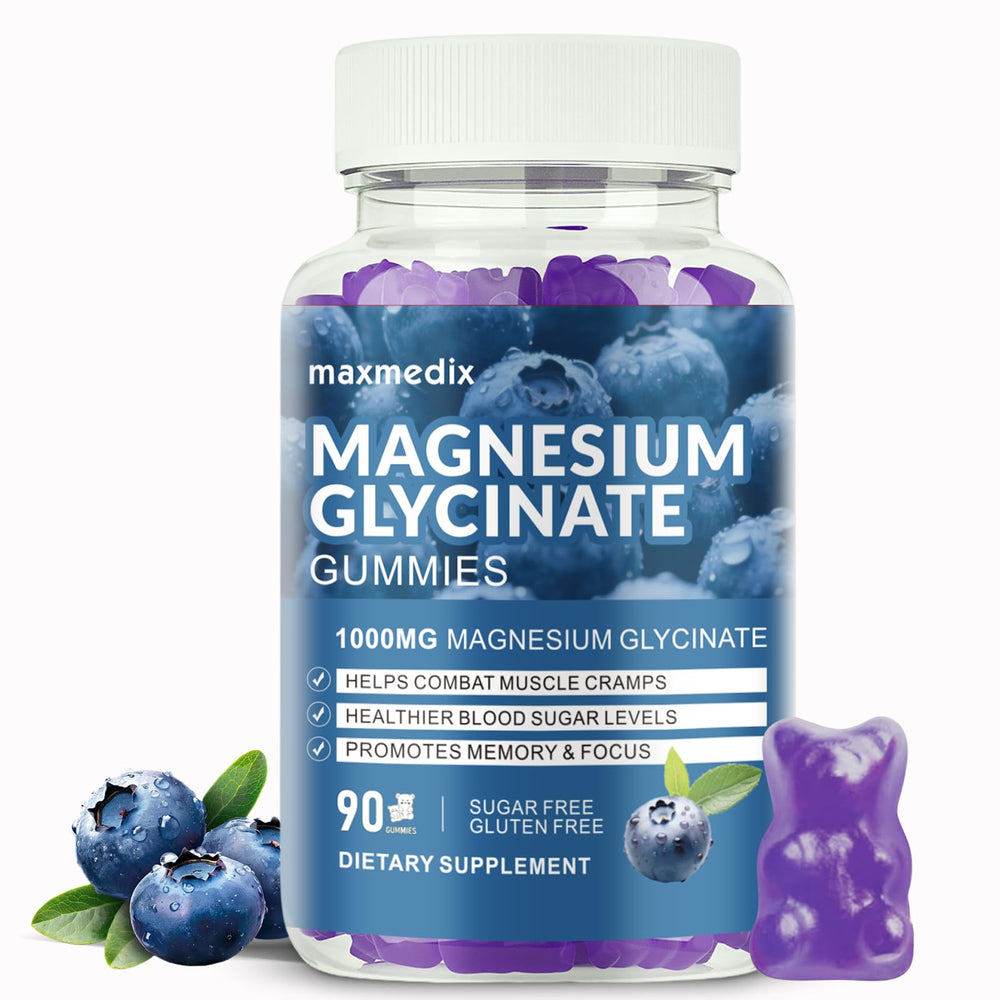 Front bottle of Magnesium Glycinate Gummies 1000mg blueberry flavor