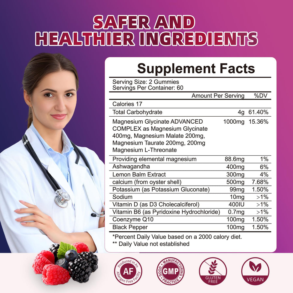 Back label showing supplement facts on Magnesium Glycinate Gummies bottle