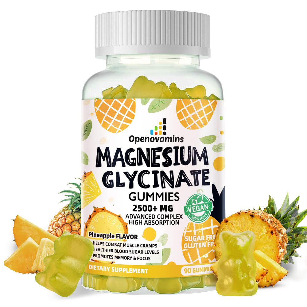 Bottle of Magnesium Glycinate Gummies 2500mg with 90 pineapple gummies