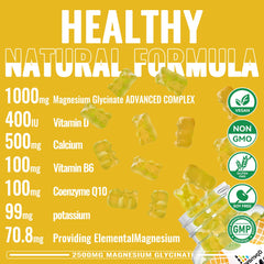 Close-up of product bottle label for Magnesium Glycinate Gummies 2500mg