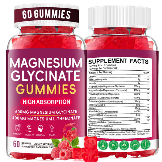 Front of bottle of Magnesium Glycinate Gummies Raspberry 60 Count