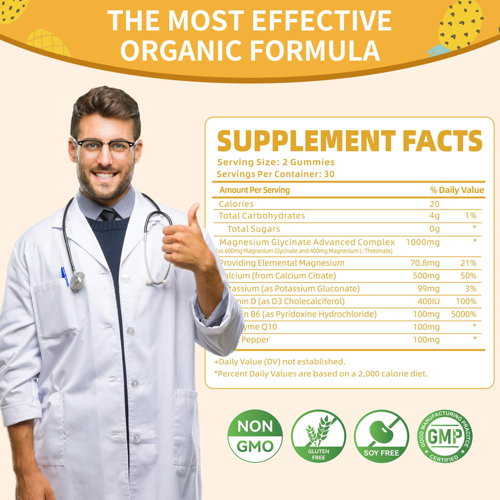 Dosage illustration showing two gummies per day