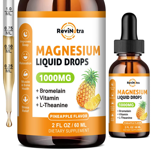 Bottle of magnesium glycinate liquid drops with pineapple label