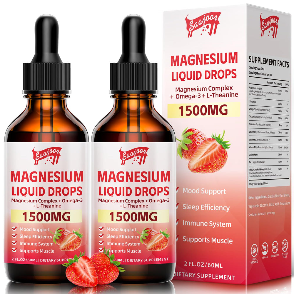 Two bottles of magnesium glycinate liquid drops with strawberry flavor, 4 oz each