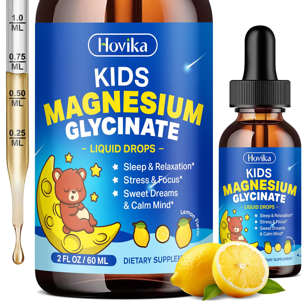 Bottle of Hovika Kids Magnesium Glycinate Liquid Lemon 2 oz with dropper
