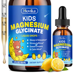 Bottle of Hovika Kids Magnesium Glycinate Liquid Lemon 2 oz with dropper