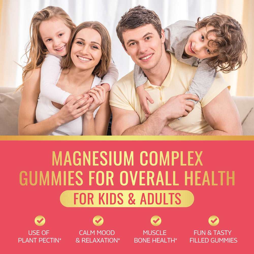 Close-up of gummies showing magnesium glycinate, taurate, citrate and malate blends