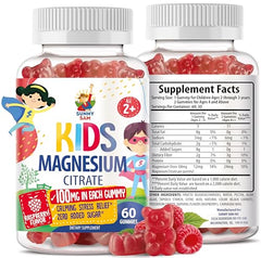 Front view of Magnesium Gummies 100mg Raspberry bottle