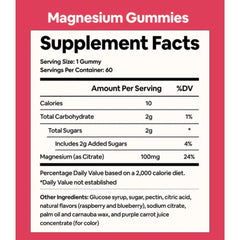 Close-up of magnesium gummies showing 100 mg per serving for sleep and immunity