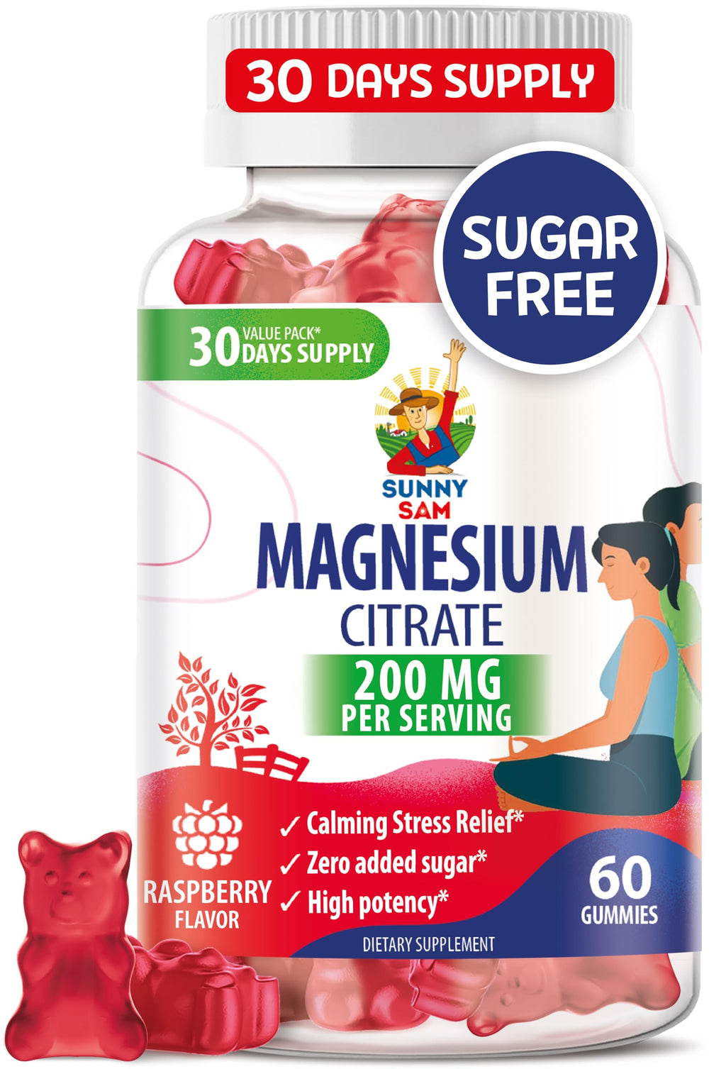 Label for Magnesium Gummies 200mg Raspberry flavor