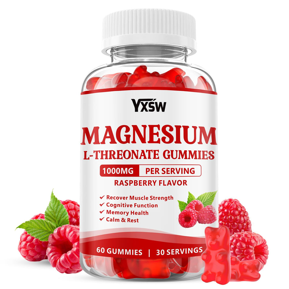 Front view of Magnesium L-Threonate Gummies 1000mg Raspberry flavor bottle