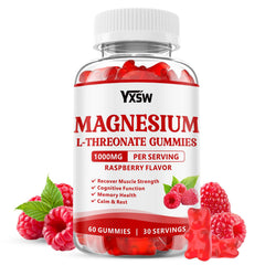 Front view of Magnesium L-Threonate Gummies 1000mg Raspberry flavor bottle