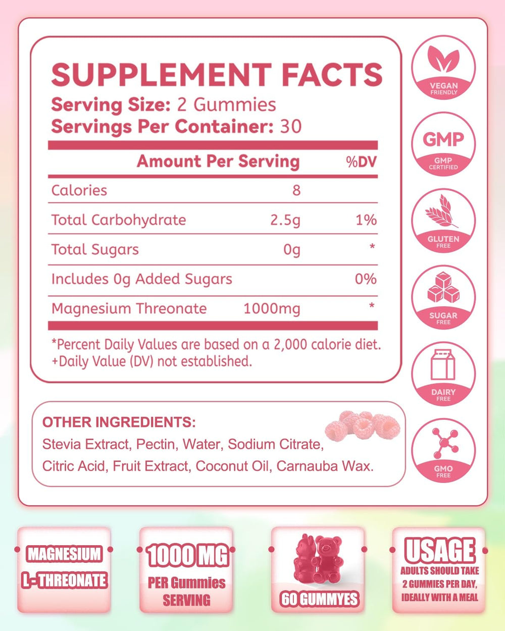 Pack shot of Magnesium L-Threonate Gummies Raspberry 60 count