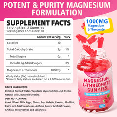 Back label showing dosage and ingredients for Magnesium L-Threonate Gummies raspberry flavor