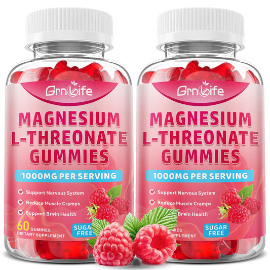 Front view of the 2-pack Magnesium L-Threonate Gummy bottle, raspberry flavor, 120 count