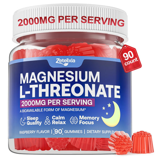 Front view of 90 Count Magnesium L-Threonate Gummies Raspberry flavor bottle