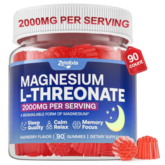 Front view of 90 Count Magnesium L-Threonate Gummies Raspberry flavor bottle