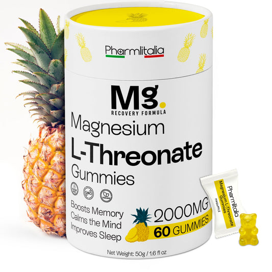 Front label of Magnesium L-Threonate Gummies for adults and kids – pineapple flavor