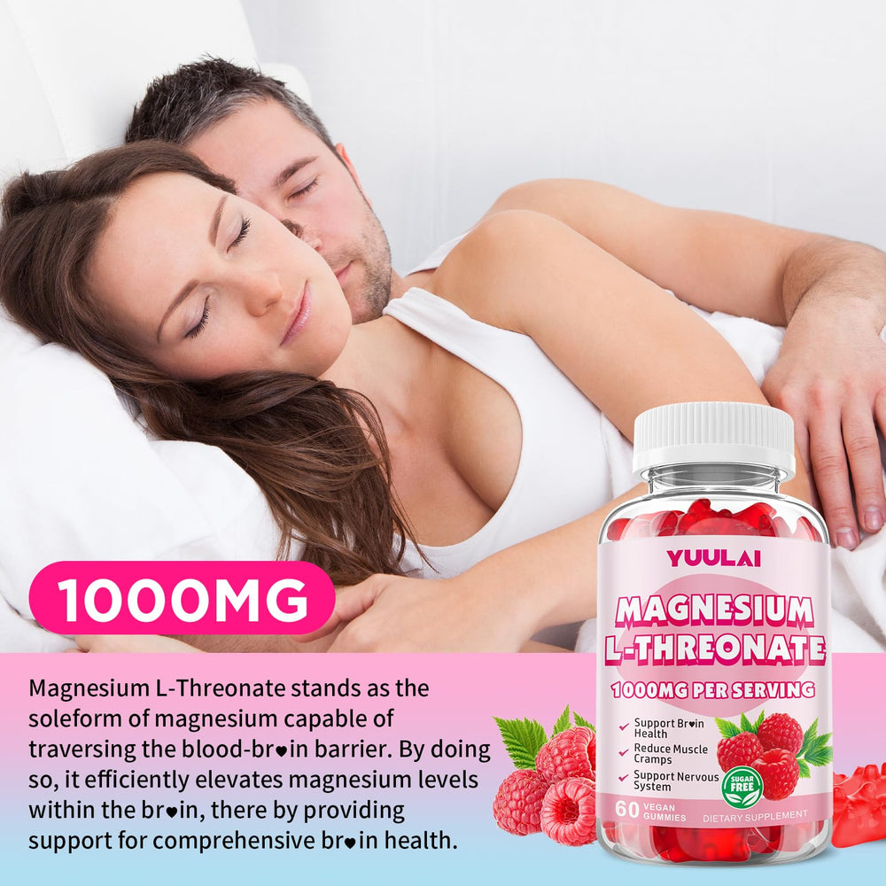 Bottle and packaging of Magnesium L-Threonate Gummies Raspberry flavor