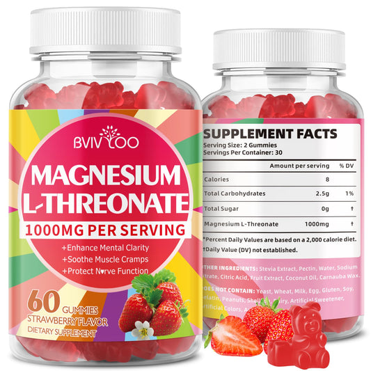 Strawberry-flavored Magnesium L-Threonate Gummies – 60 count, front view