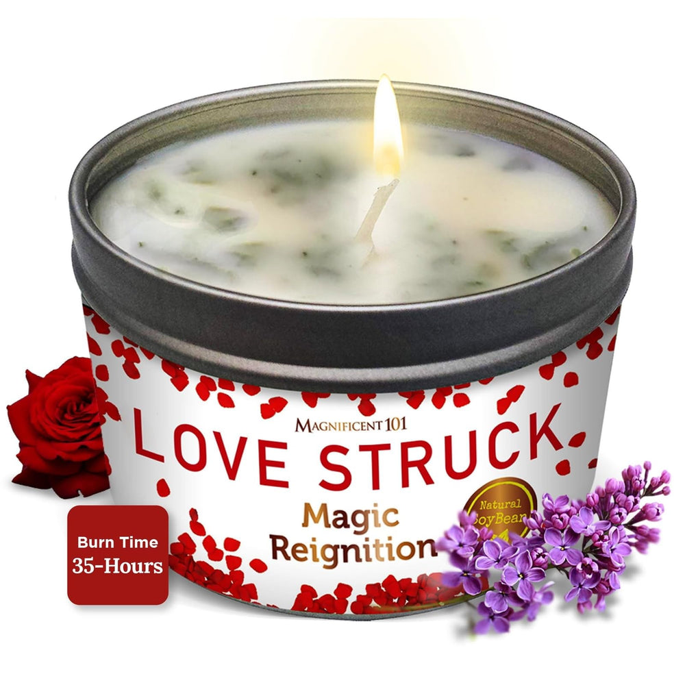 Magnificent 101 Love Struck Aromatherapy Tin Candle 6oz product label close-up