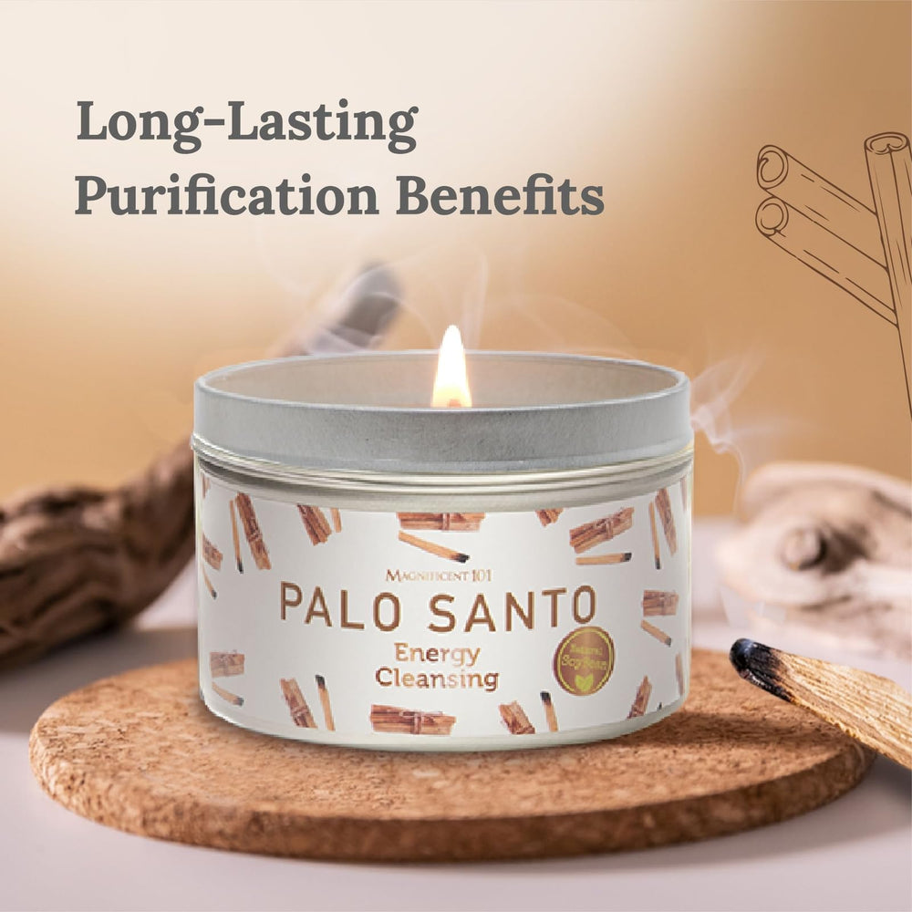 Close-up of white 6 oz soy wax candle with Palo Santo label
