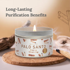 Close-up of white 6 oz soy wax candle with Palo Santo label