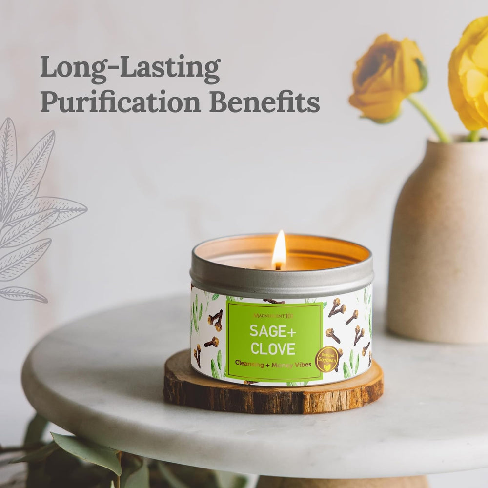 Close-up of Magnificent 101 Sage & Clove Candle label on white soy wax