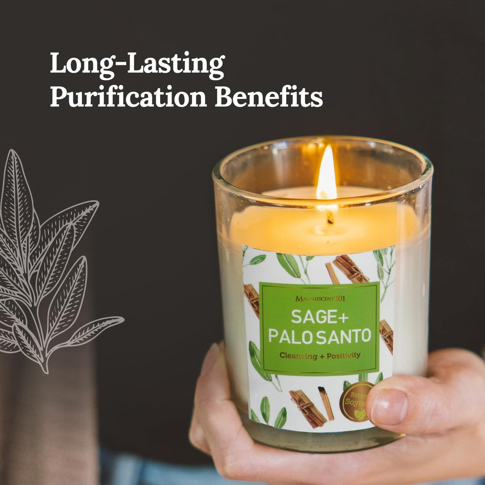 Close-up of 3.5 oz Sage and Palo Santo candles from Magnificent 101