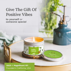 Gift-ready Magnificent 101 Sage + Cedar Candle packaging
