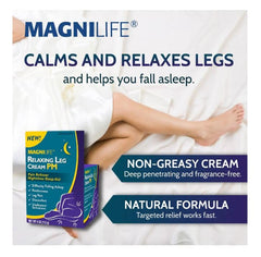 MagniLife Relaxing Leg Cream applied to legs showing gentle, non-greasy pre-bed relief.