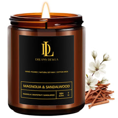 Magnolia & Sandalwood scented candle in 7oz jar - front view