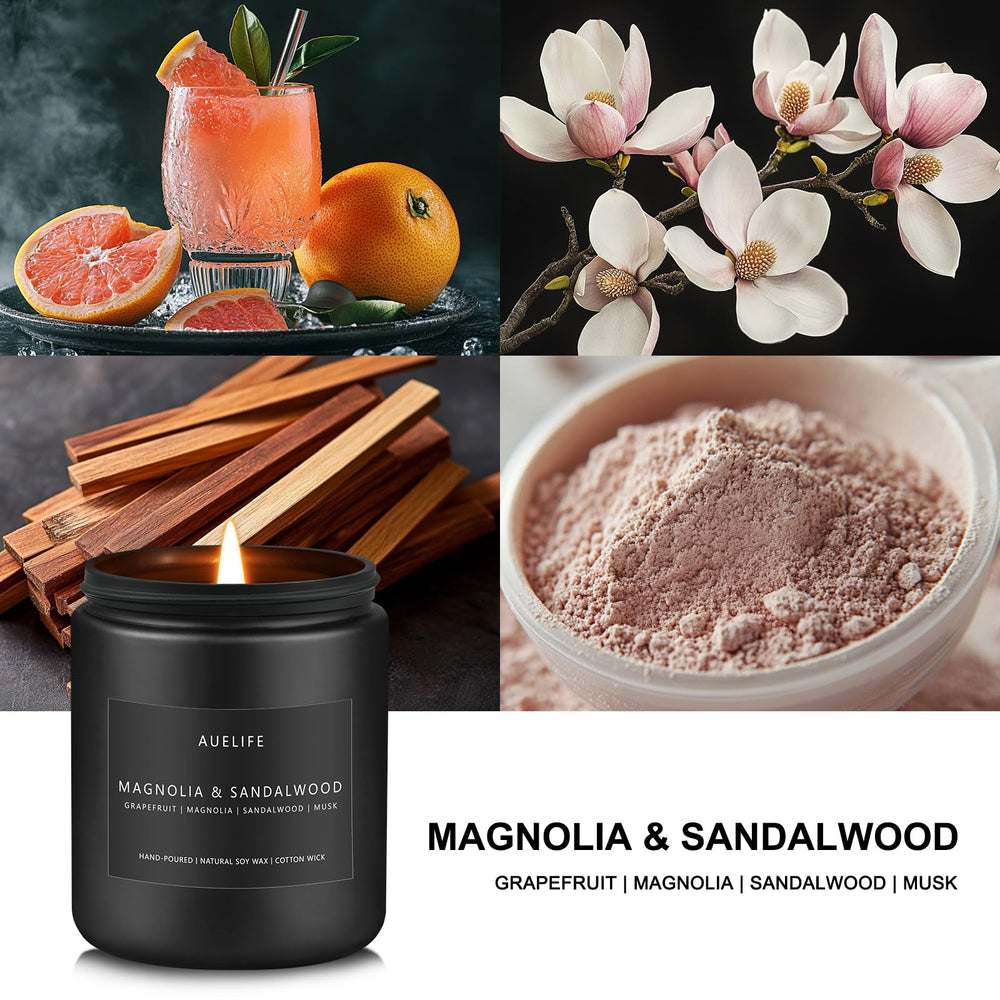 7oz Magnolia & Sandalwood candle in a black jar, side view
