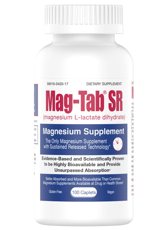 Mag-Tab SR bottle and label highlighting extended-release magnesium lactate