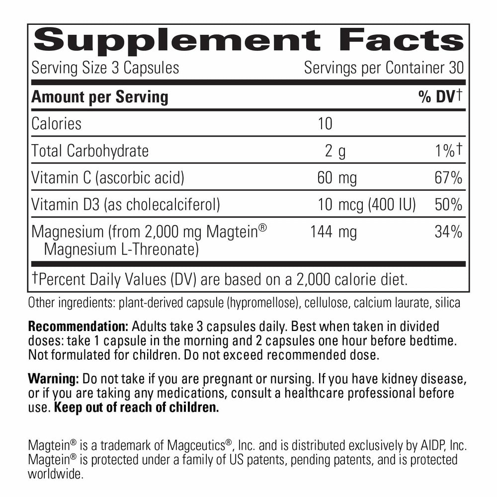Close-up of Magtein L-Threonate Plus capsules showing 3-capsule serving