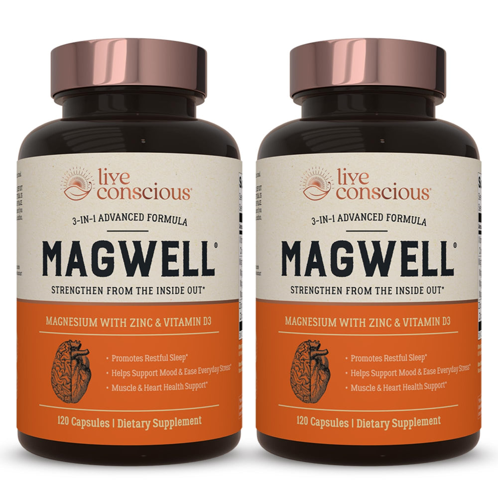 Front view of Live Conscious MagWell Magnesium Zinc and Vitamin D3 bottle